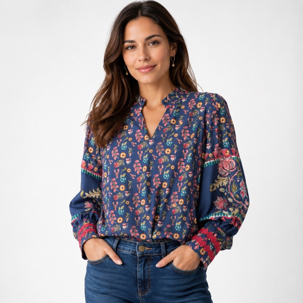 Emily Lovelock Hailey Blue Floral Lobster Print Puff Sleeve Blouse NWT Large